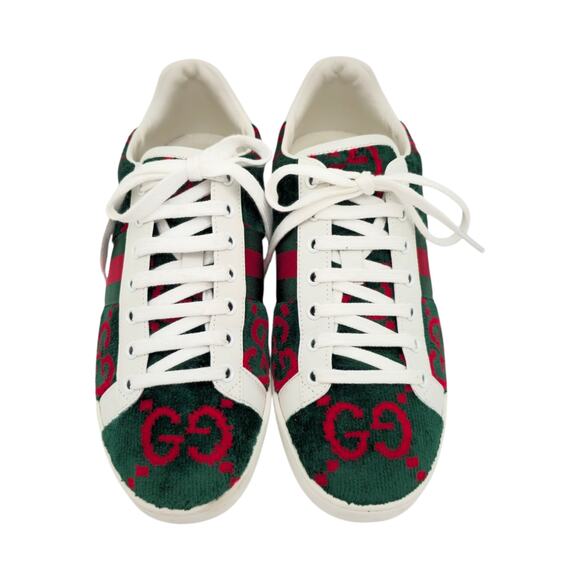 Gucci Ace GG Monogram Sneaker Size 38.5 US 8.5 Green Red Velvet Web Stripe Shoe - Picture 2 of 9